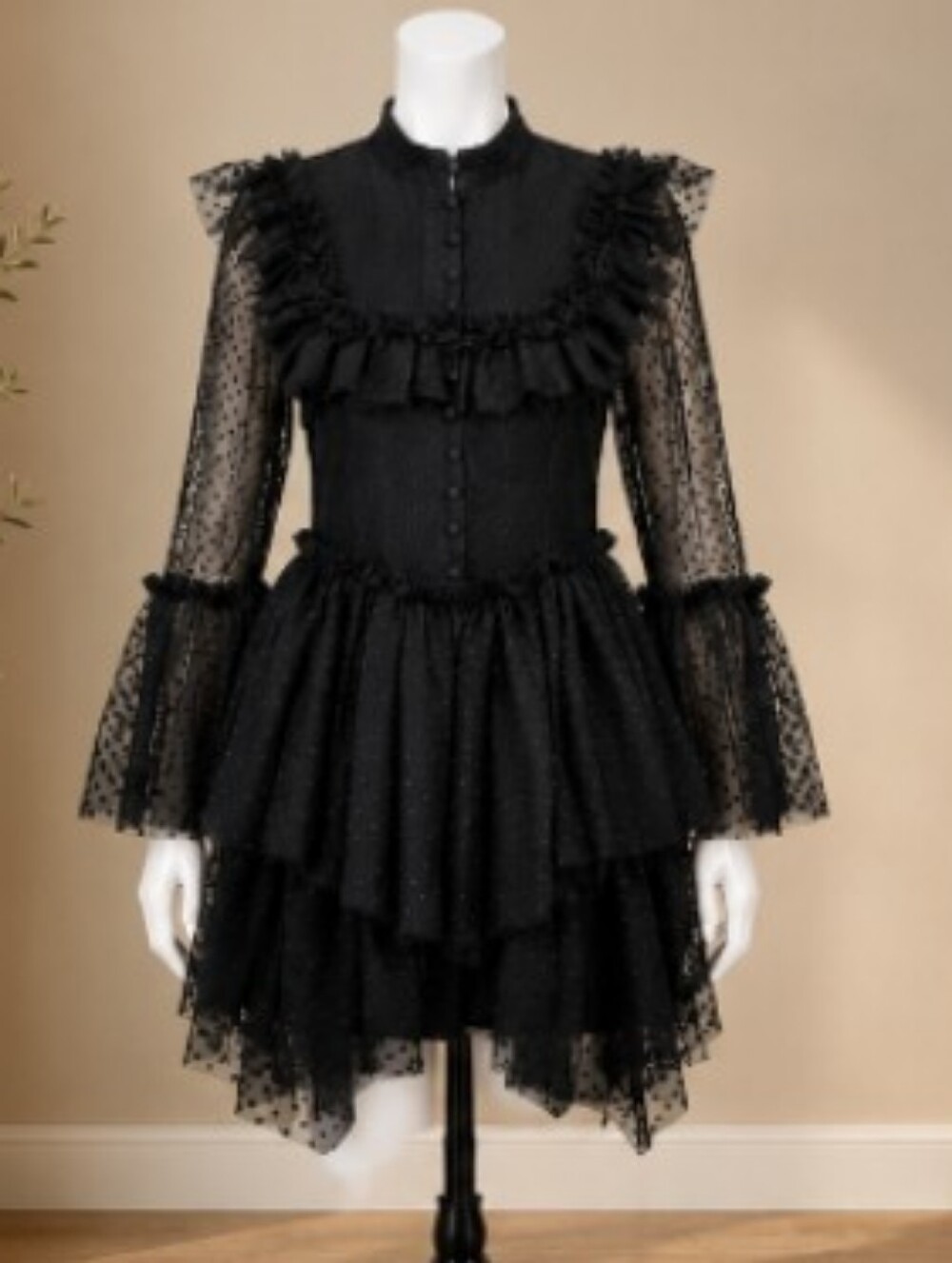 Sandra Mansour x H&M Black Swiss Dot Ruffle Mini Dress Size Small Gothic Romanti